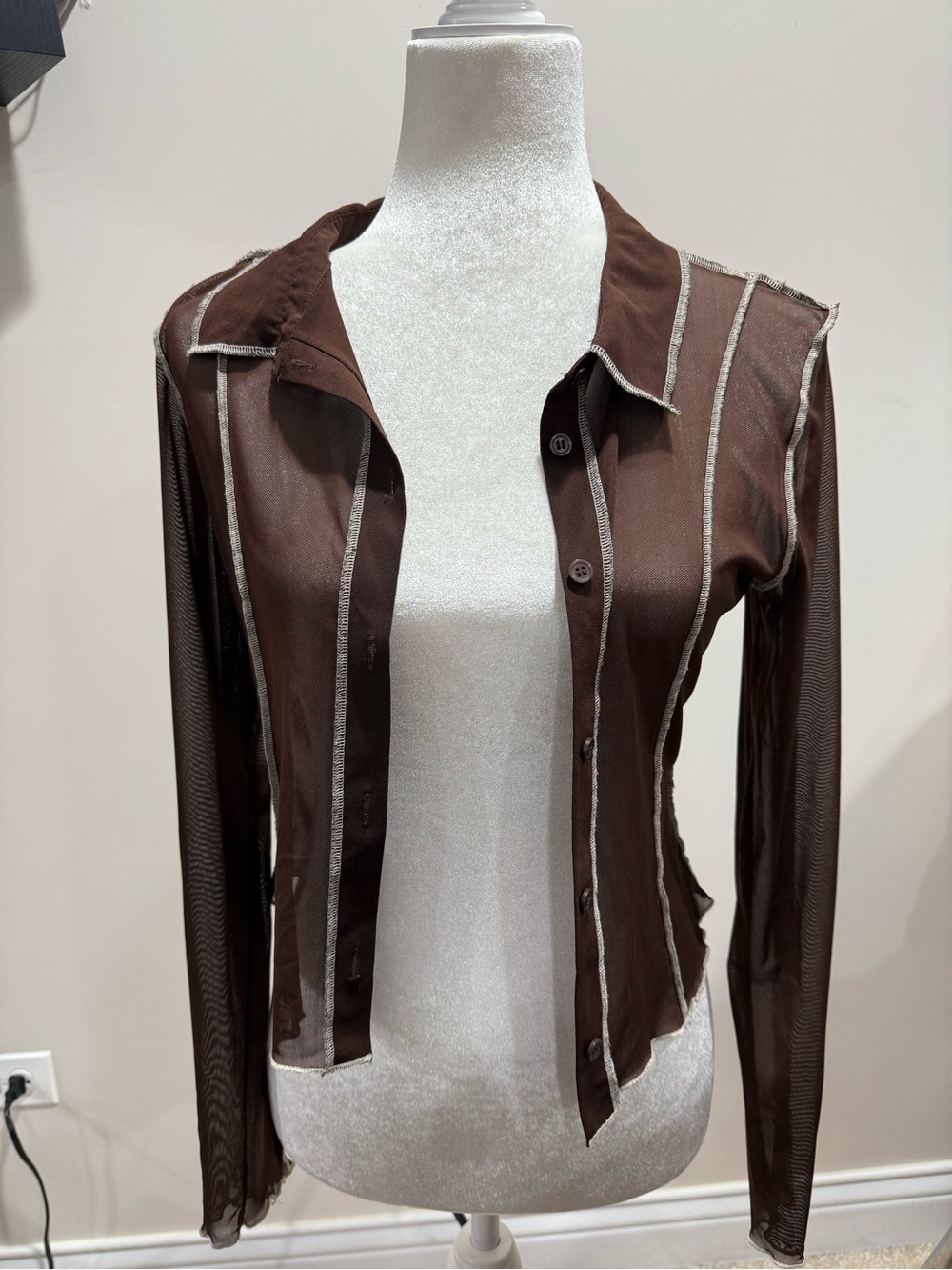 Divided Brown Sheer Button-Front Shirt with Contrast Trim
